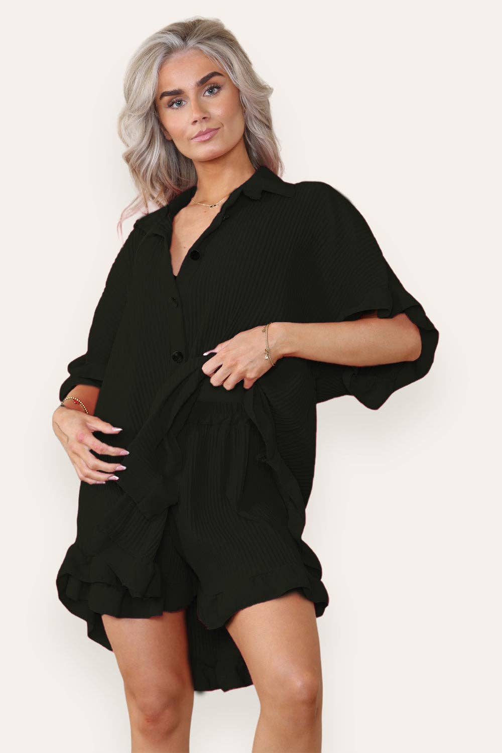Women's Casual Oversized Ruffle Shirt & Shorts Set