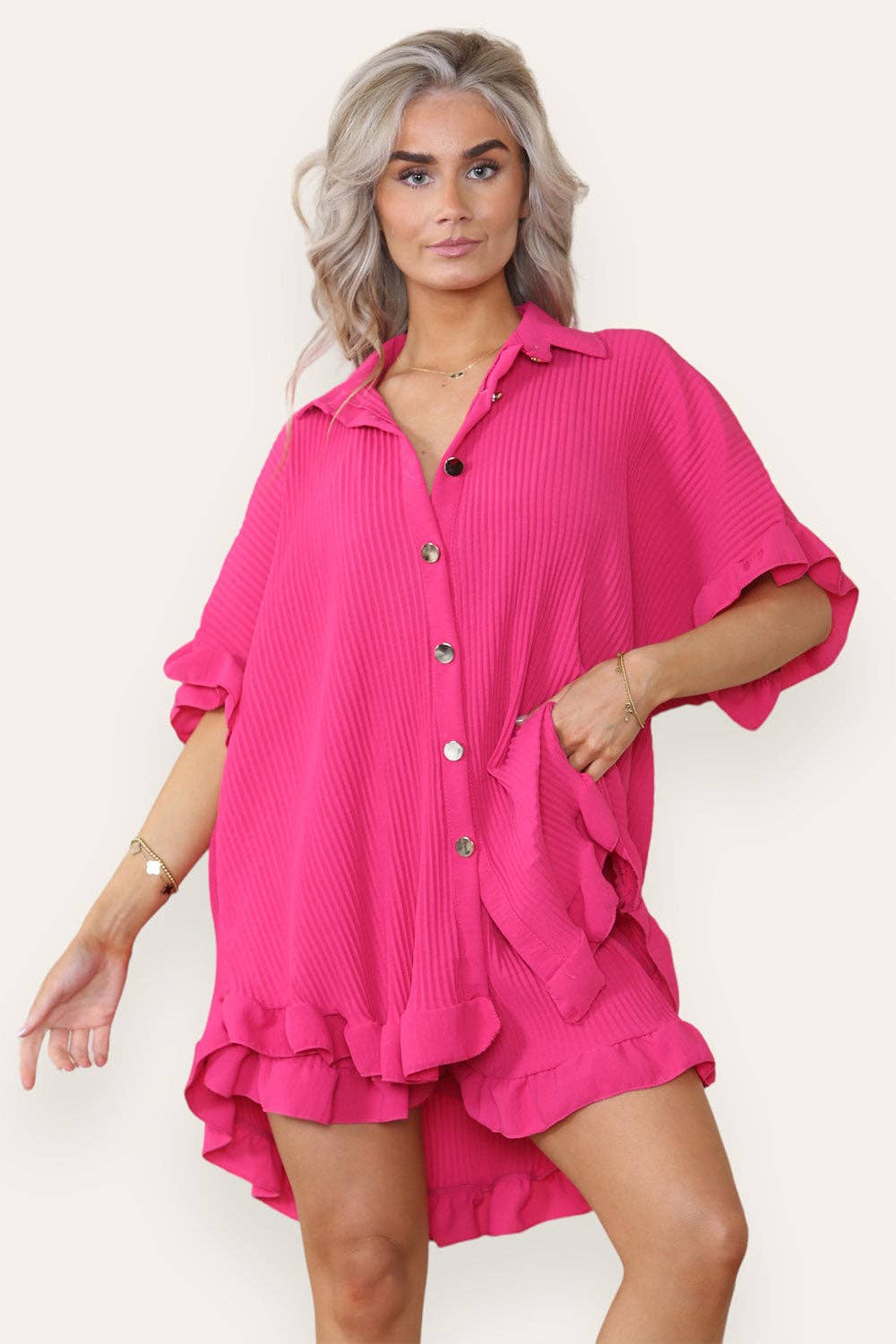 Women's Casual Oversized Ruffle Shirt & Shorts Set