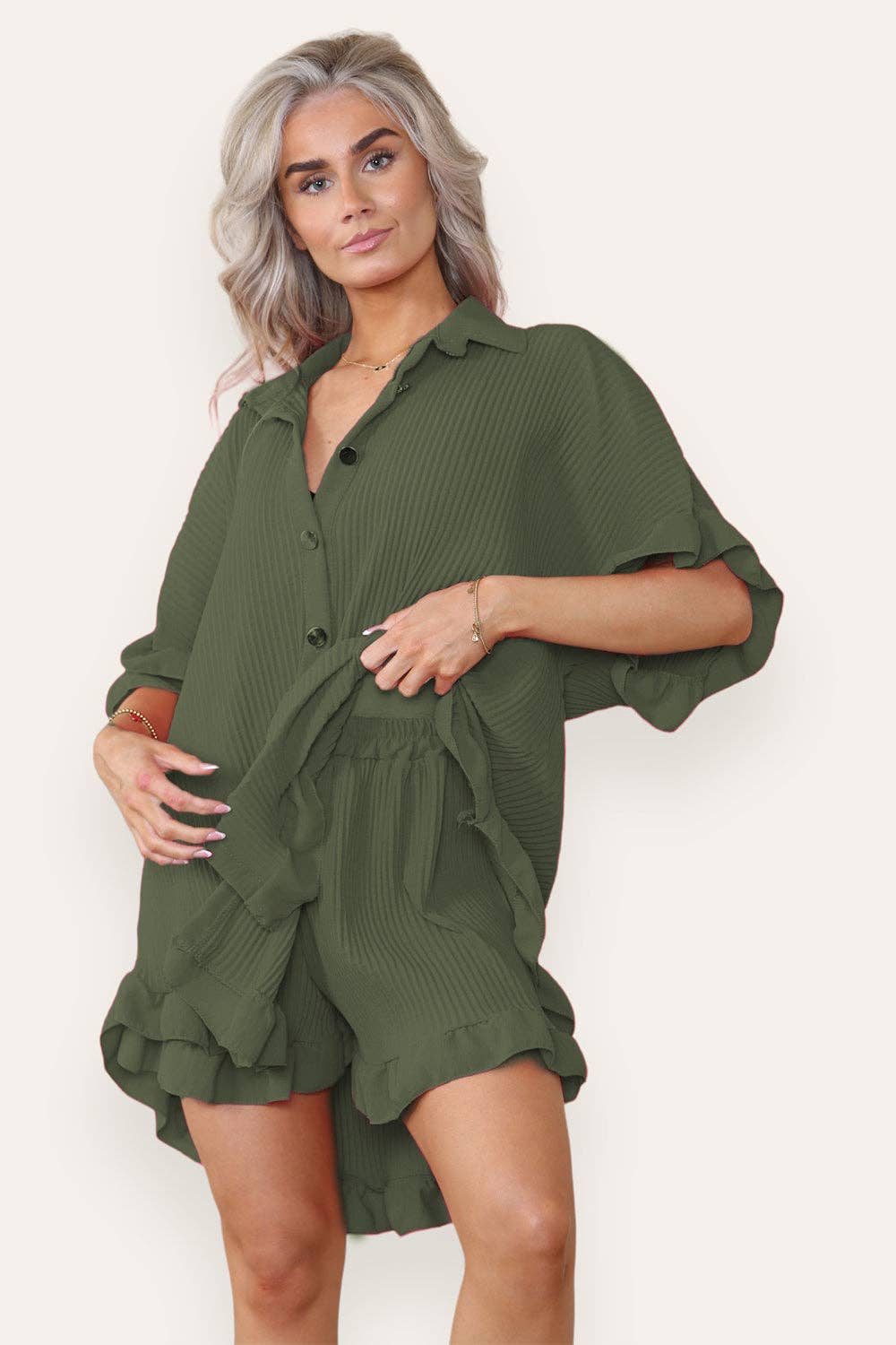 Women's Casual Oversized Ruffle Shirt & Shorts Set
