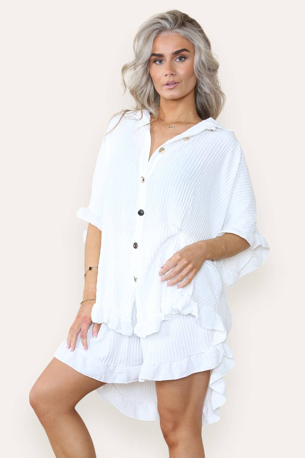 Women's Casual Oversized Ruffle Shirt & Shorts Set