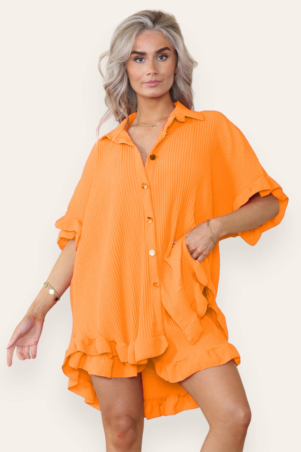 Women's Casual Oversized Ruffle Shirt & Shorts Set