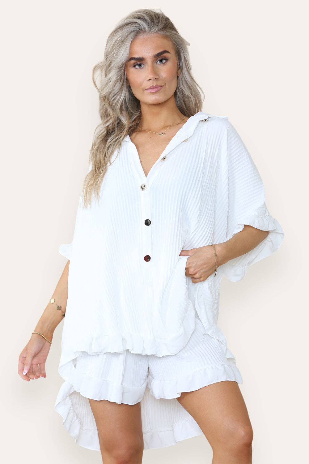 Women's Casual Oversized Ruffle Shirt & Shorts Set