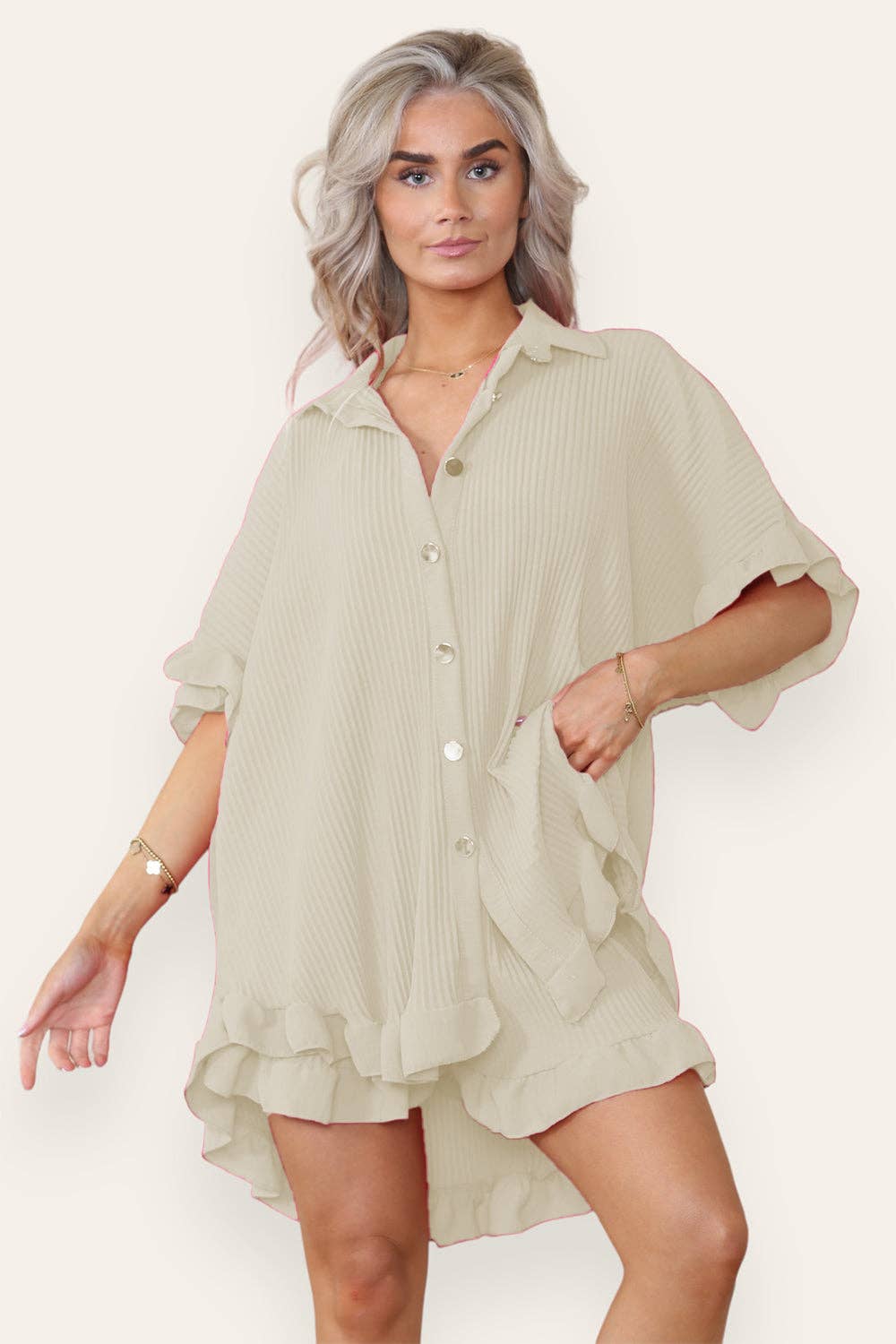 Women's Casual Oversized Ruffle Shirt & Shorts Set