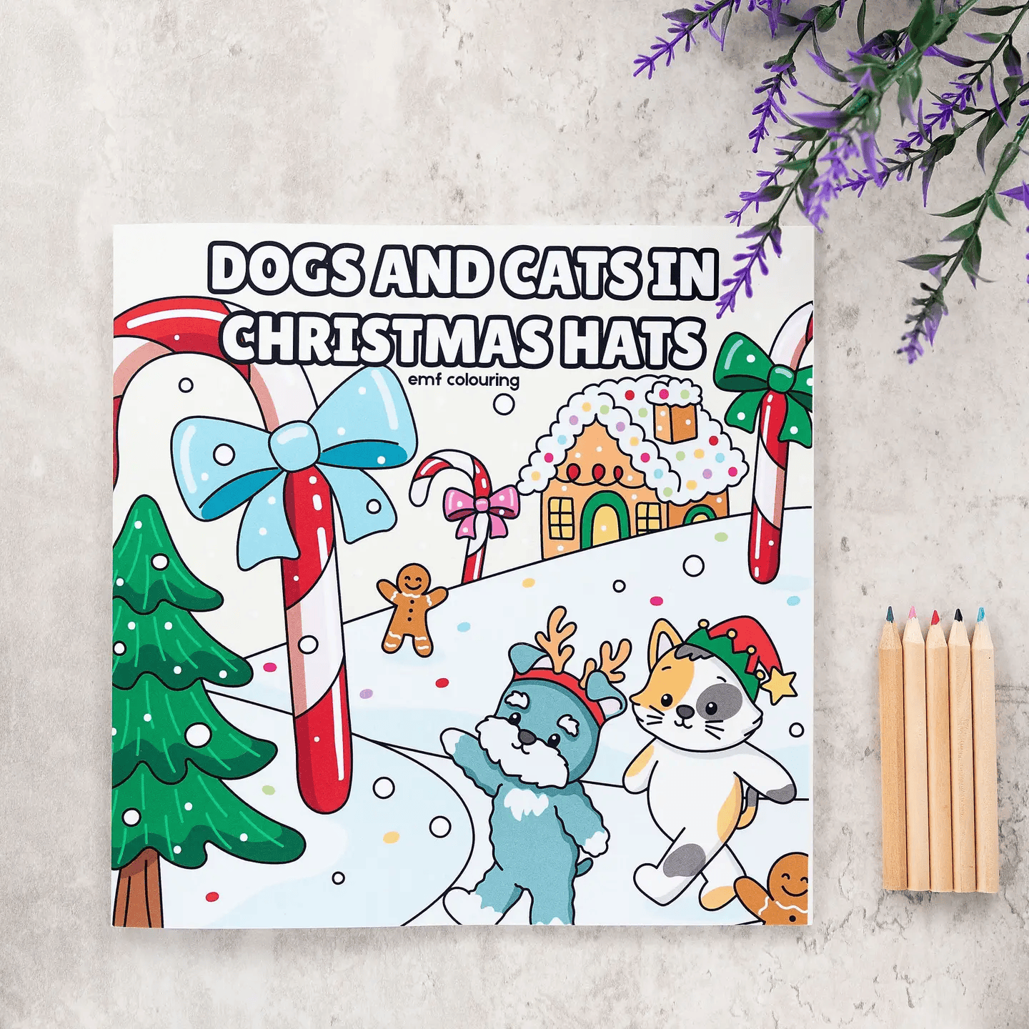 Dogs and Cats in Christmas Hats | Festive Colouring Book