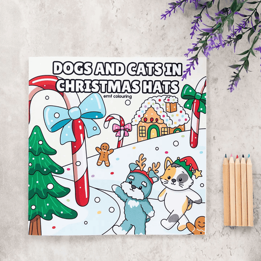 Dogs and Cats in Christmas Hats | Festive Colouring Book