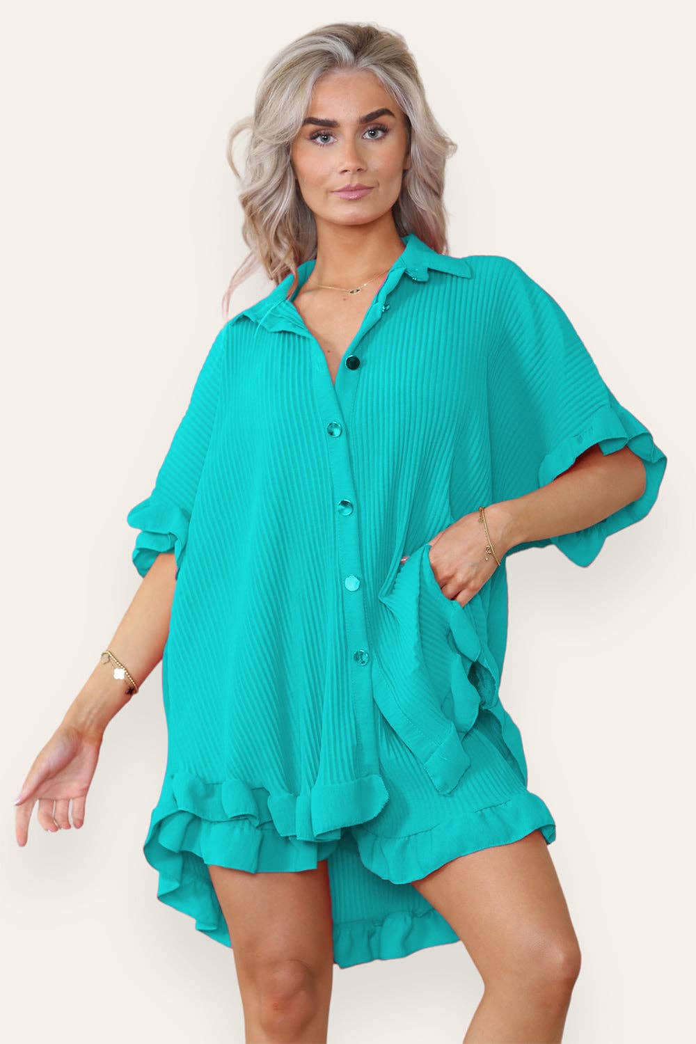 Women's Casual Oversized Ruffle Shirt & Shorts Set